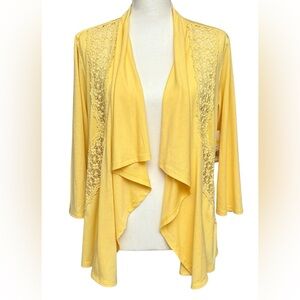 Kim Rogers Yellow Cardigan Asymmetrical Open Front Medium Lightweight Lace NWT